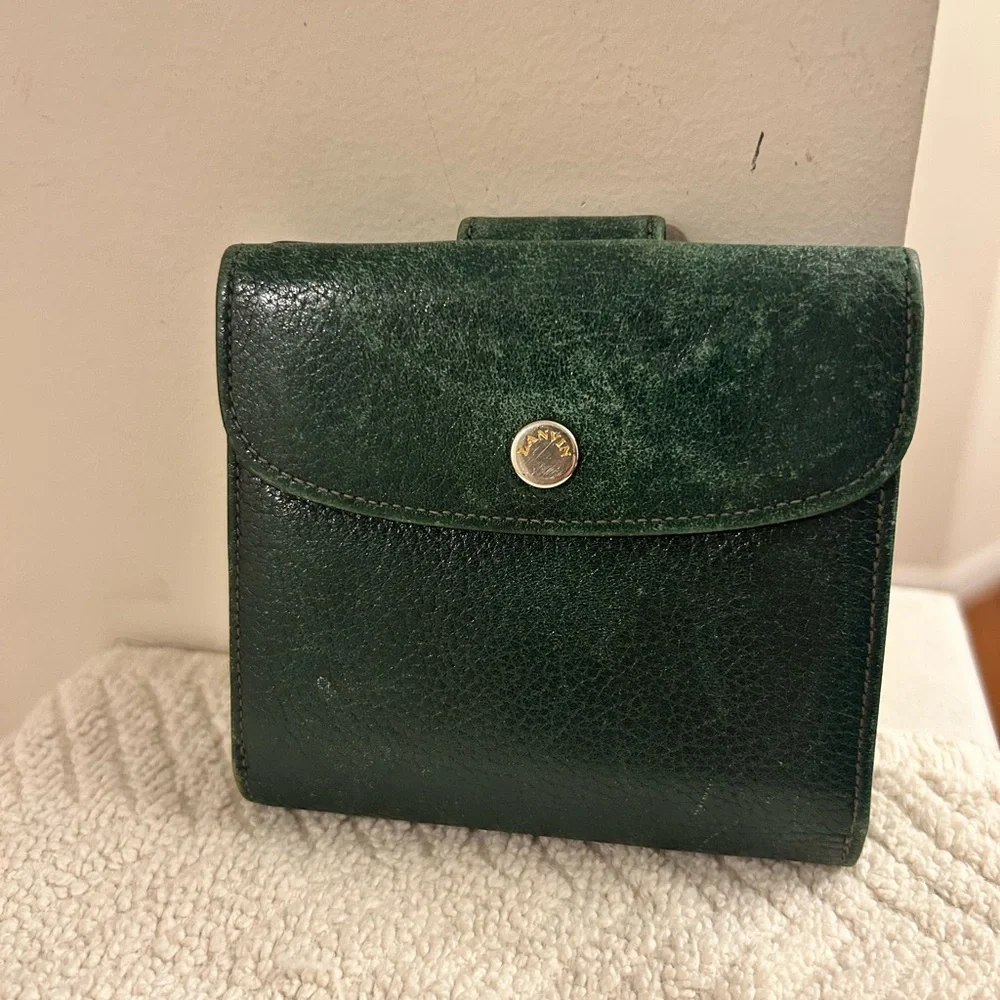 Lanvin Dark Green Leather Wallet Unisex Bill Fold Coins Card Slots